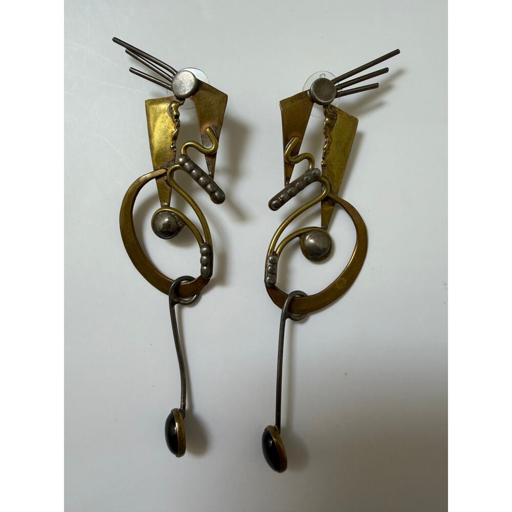 Vintage Russell Ferrell 1987 Signed Modernist Artisan Mixed Metal Earrings